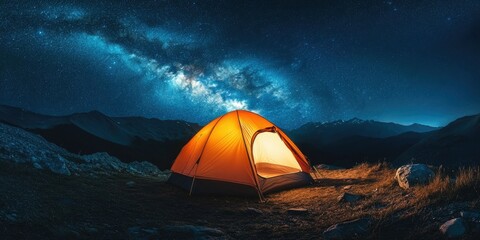 An isolated camping experience under the night sky with mountains in the background.