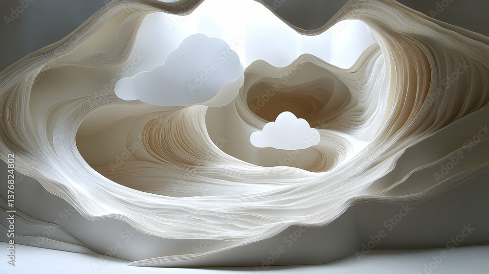 Poster white paper layers form a tunnel-like structure with fluffy white clouds drifting within the abstrac
