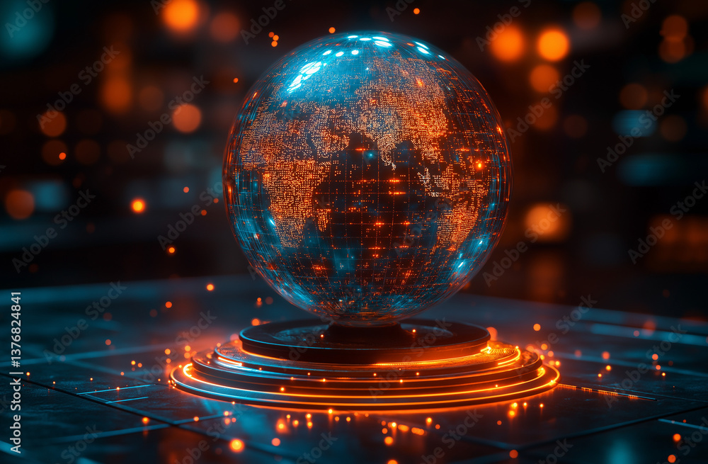 Poster 3d render of holographic globe on podium with glowing network paths