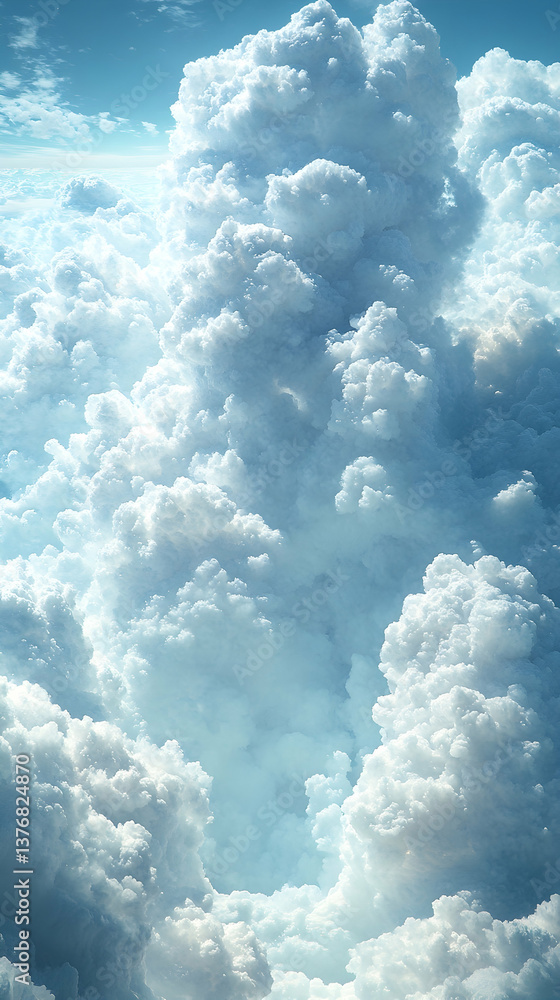 Poster white puffy clouds fill most of the sky with a bit of blue peeking through the view is from above th