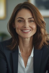 Fototapeta premium Young female executive with glasses, wearing suit, sitting at desk with laptop behind her.