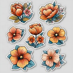 Fototapeta premium Colorful floral stickers featuring various orange and peach blooms on a light background