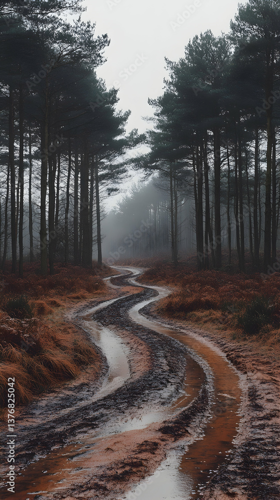 Poster winding dirt path cuts through a misty forest lined with tall trees rusty foliage creating a mysteri