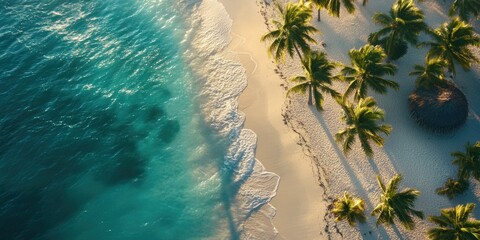 Serene tropical beach with palm trees, calm ocean waves and white sand.