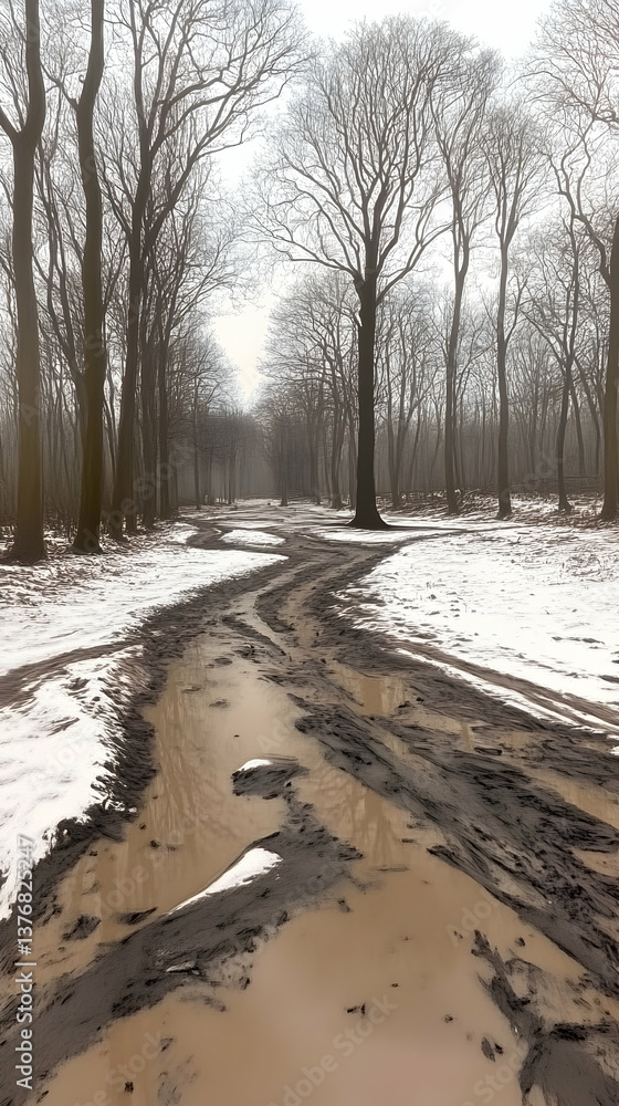 Poster winding path through forest during winter season with snow and mud tall trees are without leaves und