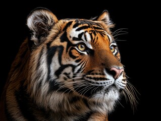 Fototapeta premium Close-up portrait of a tiger's face with eyes open, displaying natural coloring and stripes on fur.