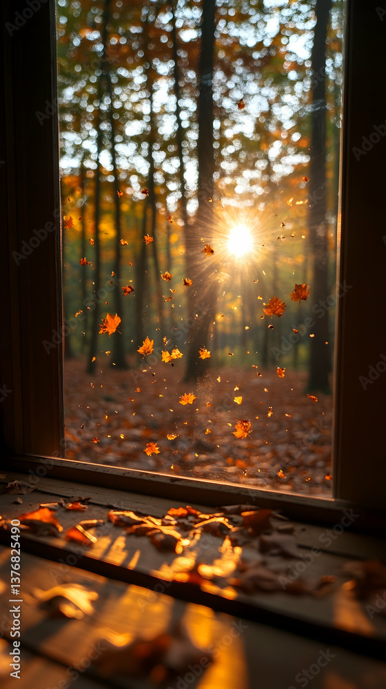 Poster window view of a sunlit autumn forest with falling leaves creating a warm and cozy atmosphere inside