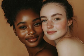 Positive portrayal of two women embracing in a hug; skin tones from light to dark; emphasis on friendship and unity