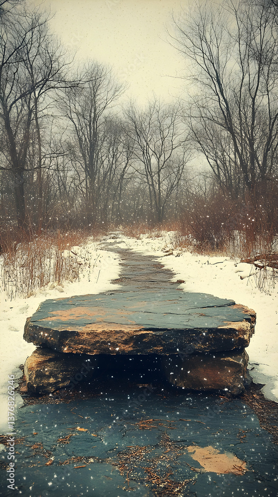 Poster winter landscape featuring a stone bridge over a small creek leading to a path through the forest in