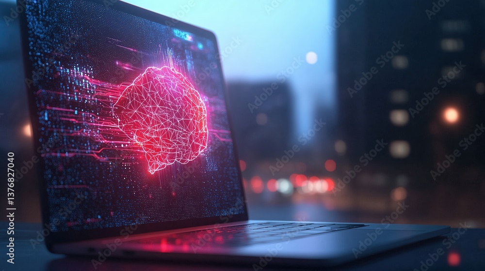 Poster futuristic ai interface with big data efficiency on laptop screen