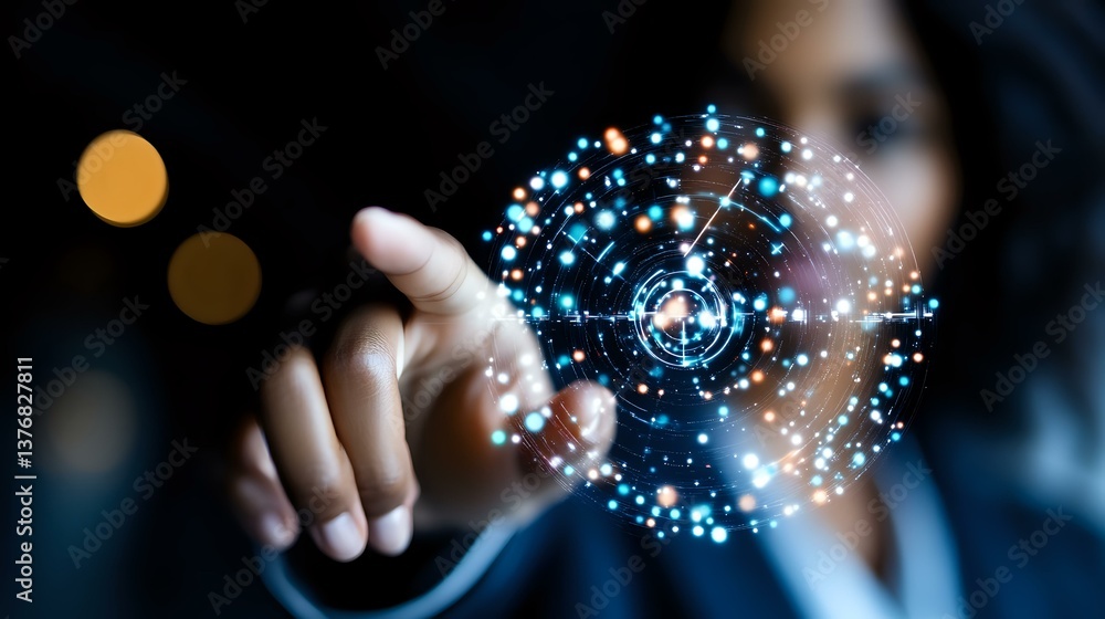 Poster businessman touching virtual network sphere with glowing blue dots and connections, digital transfor