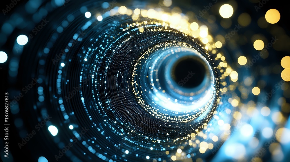 Poster glowing blue and gold tunnel with sparkling light particles creating dynamic perspective effect, abs