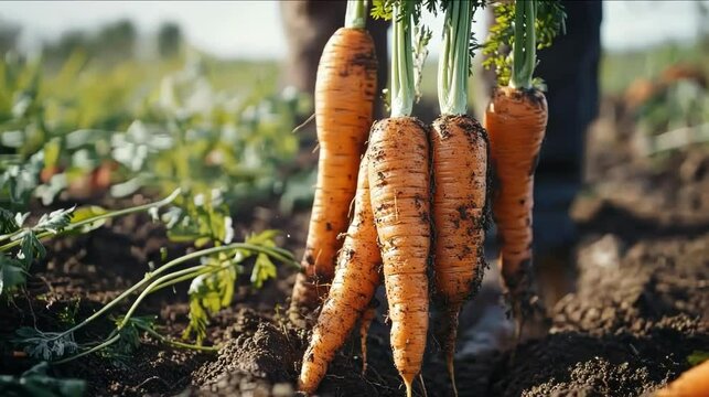 Fresh orange carrots harvested from the rich soil in a vibrant garden.