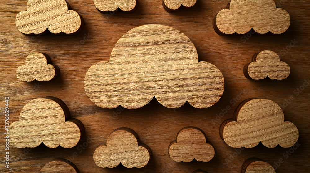 Poster wooden textured cloud shapes scattered on a wooden surface with even lighting and soft shadows creat