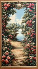 Woven art featuring a tranquil river flowing through lush gardens Ornate frame at top adds an extra touch