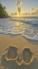 Beautiful sunset at beach with gentle waves and footprints in the sand creating a romantic atmosphere