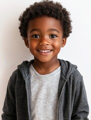 Young African American boy smiling brightly for a casual portrait against light grey background. Wearing hoodie sweatshirt and dark shirt.