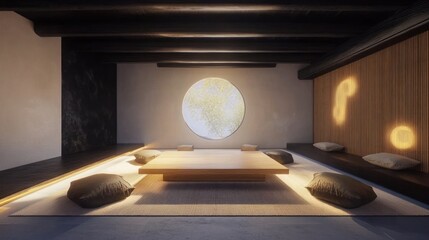 Tranquil Japanese-style meditation room with round window and low seating