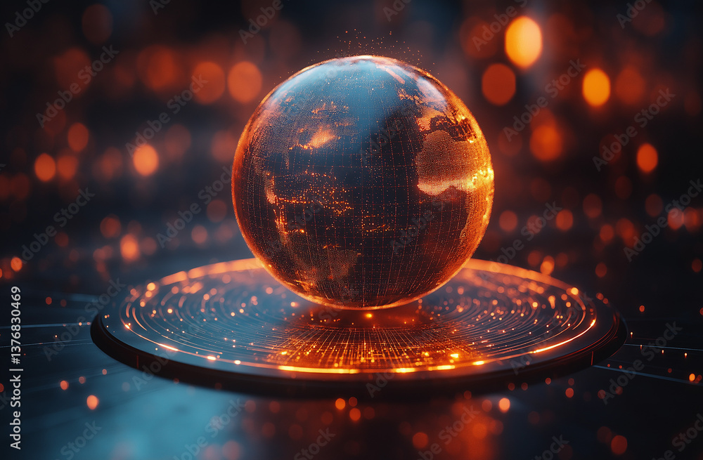 Poster 3d render of holographic globe on podium with glowing network paths