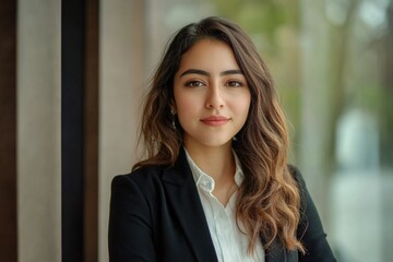 Fototapeta premium Portrait of a young female businesswoman in office attire, looking forward.