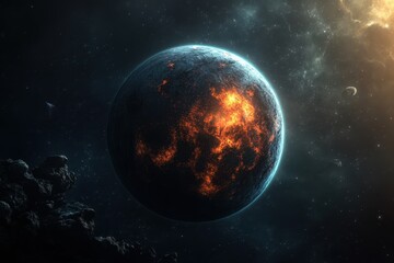 Fototapeta premium Fiery planetary surface illuminated by distant stars in a vast cosmos