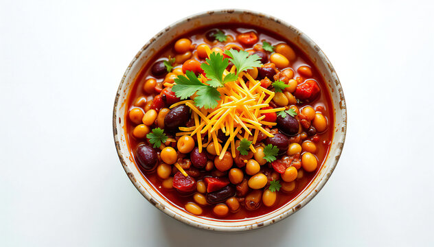 A culinary masterpiece presents a vibrant bowl of chili, adorned with fresh ingredients, creating an invitation to a warm, hearty meal.