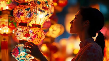 Beautiful asian woman admiring chinese lanterns at night mid autumn festival celebration and cultural event