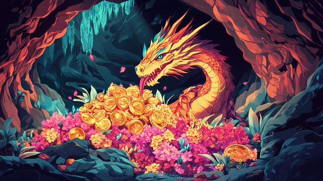 A dragon hoarding a pile of blooming treasure in a dark cave theme, front view, symbolizing mystical wealth, futuristic tone, complementary color scheme. Dragons Glyphs. Illustration