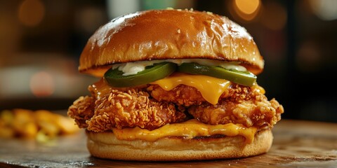 Juicy chicken burger with melted cheese and jalapenos, garnished with sliced pickles.