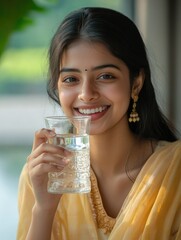 Young female holding glass of water and smiling at camera.