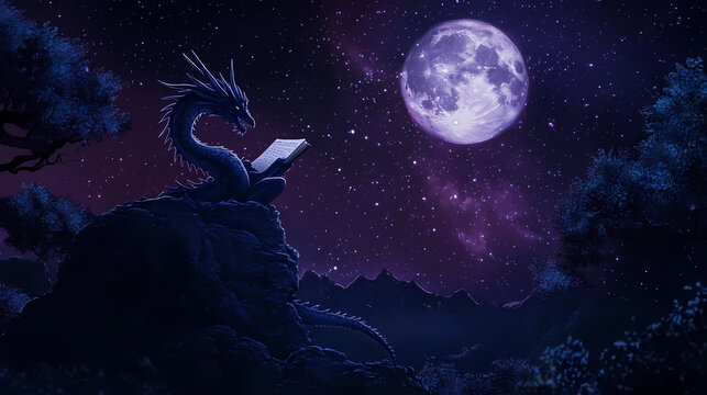 A mystical dragon reading a scroll under a full moon in a starry night sky. Dragons Glyphs. Illustration