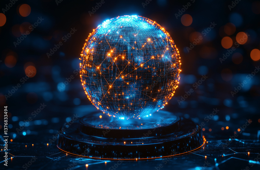 Aufkleber 3d render of holographic globe on podium with glowing network paths
