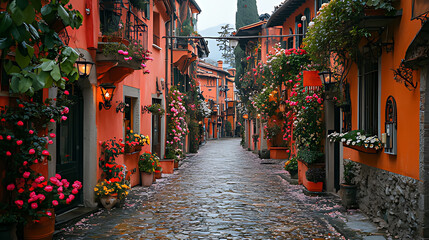 Fototapeta premium Romantic cobblestone street, floral decor, Italian village, misty day, travel brochure