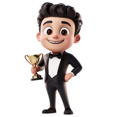 A Confident 3D Cartoon Character Holding a Trophy Isolated on Transparent Background