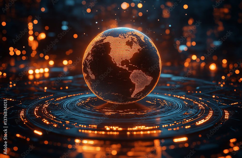 Aufkleber 3d render of holographic globe on podium with glowing network paths