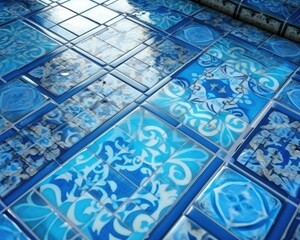 A close-up view of intricately designed blue and white patterned tiles arranged in a visually appealing layout, showcasing their glossy finish and artistic details in a well-lit environment