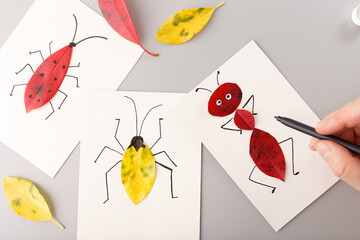 Creative insect art using colorful leaves. Nature DIY project with insects made from leaves. Useful for art teachers, creative advertising, kids activities, seasonal decorations, craft businesses