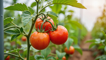 Fresh red tomatoes growing on vine in greenhouse, nature's bounty