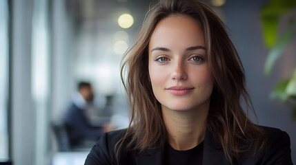 Fototapeta premium A woman with brown hair and green eyes is smiling. AI Generated