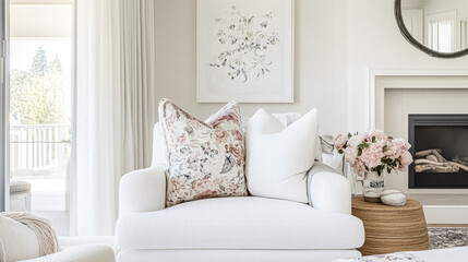 Coastal inspired decor interiors, blending soft blues, crisp whites, and delicate pastels with luxurious textures and refined details