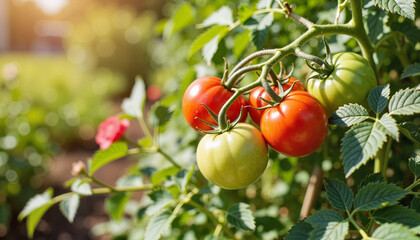 Obraz premium Green tomatoes ripening under sunlight in garden, transformation beauty
