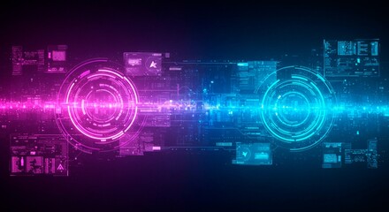 Obraz premium Futuristic Interface: A captivating digital interface featuring glowing blue and pink elements, set against a dark backdrop, conveying advanced technology.