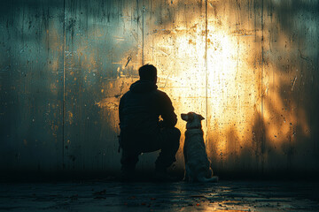 A prisoner's shadow on a cell wall versus a paroled man embracing his dog outdoors. Concept of confinement and freedom.