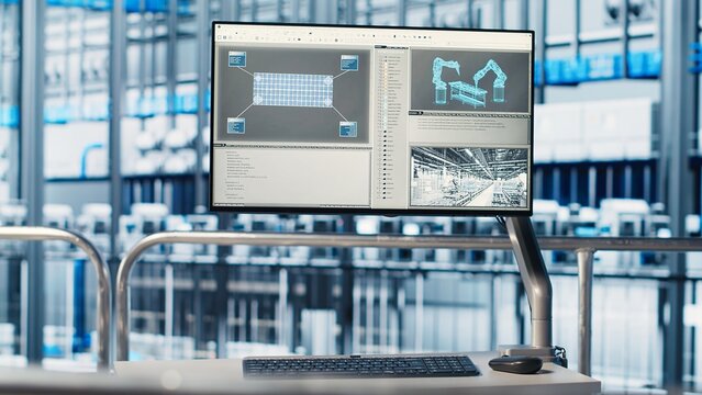 Tracking software displayed on monitor in industry 4.0 industrial plant equipped with advanced sensors. Program on display in smart factory collecting and analyzing data, dolly up shot