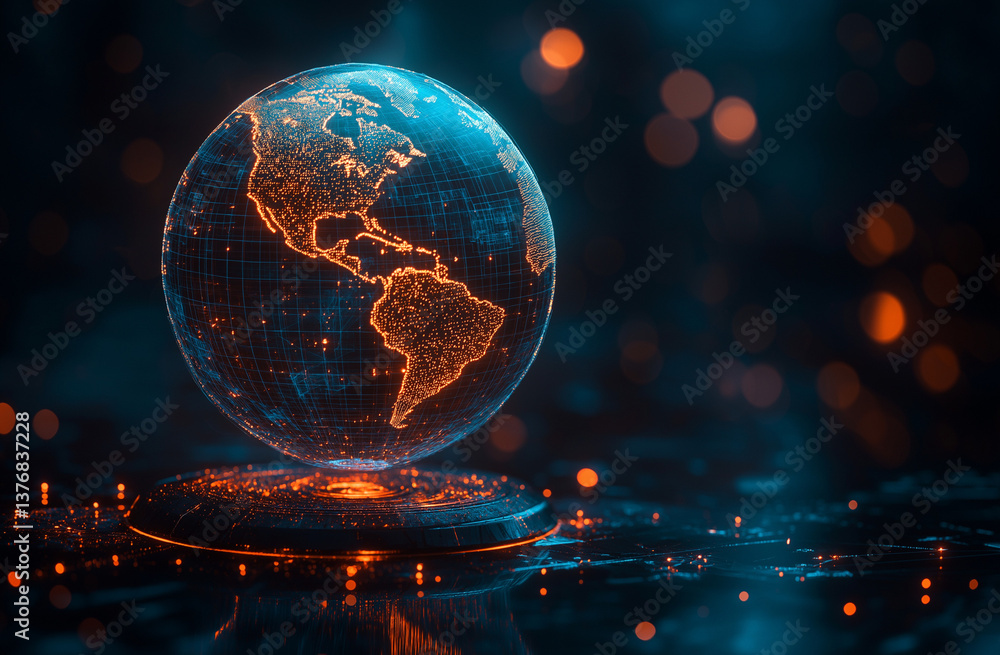 Aufkleber 3d render of holographic globe on podium with glowing network paths