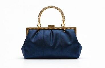 Naklejka premium Elegant blue evening clutch bag with golden details. Luxurious design with crystal handle and golden frame. Stylish fashion accessory for special events. Isolated on white.