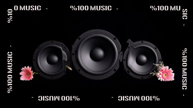 Speakers with flowers around them on a black background vibrating with the effect of music 100% music text revolving around the animated visual for the music clip