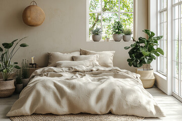 A minimalist bedroom with neutral tones, linen sheets, and potted succulents. Concept of Scandinavian design and tranquil spaces.