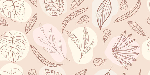 Seamless pattern with abstract leaves. Floral wallpaper in minimalistic linear style. Trendy colors background, line art design element. Vector illustration. Template for design, paper, cover, fabric