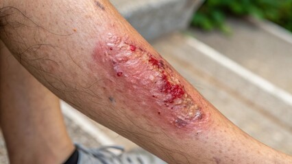 Close-up View of an Open Wound on a Human Leg Showing Significant Redness, Swelling, and Skin Damage with Blood Seeping from the Injury